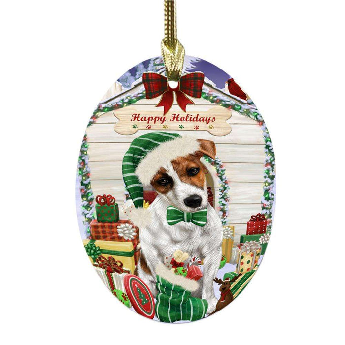 Happy Holidays Christmas Jack Russell House With Presents Oval Glass Christmas Ornament OGOR49883
