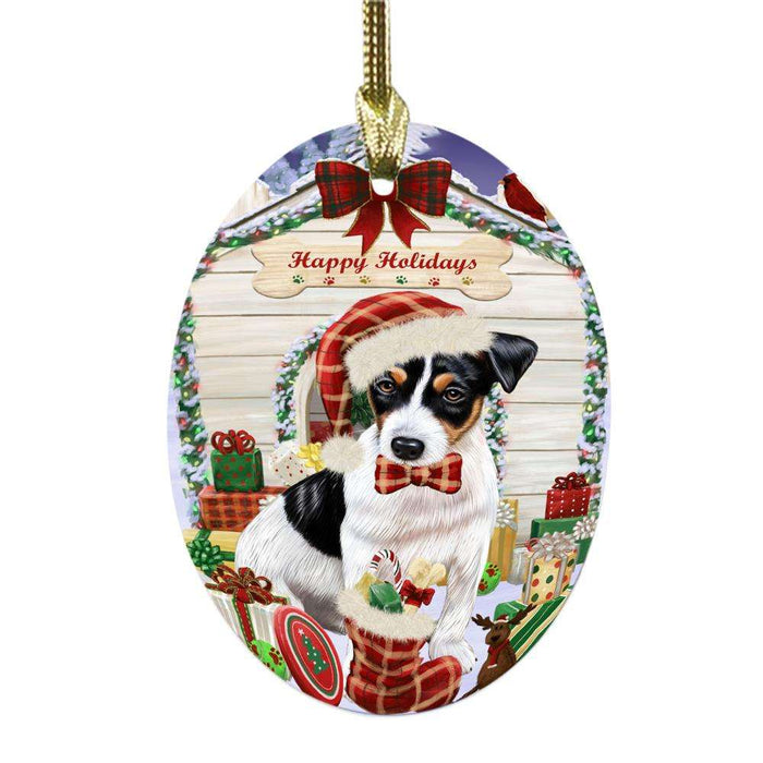 Happy Holidays Christmas Jack Russell House With Presents Oval Glass Christmas Ornament OGOR49884