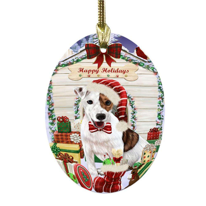 Happy Holidays Christmas Jack Russell House With Presents Oval Glass Christmas Ornament OGOR49885
