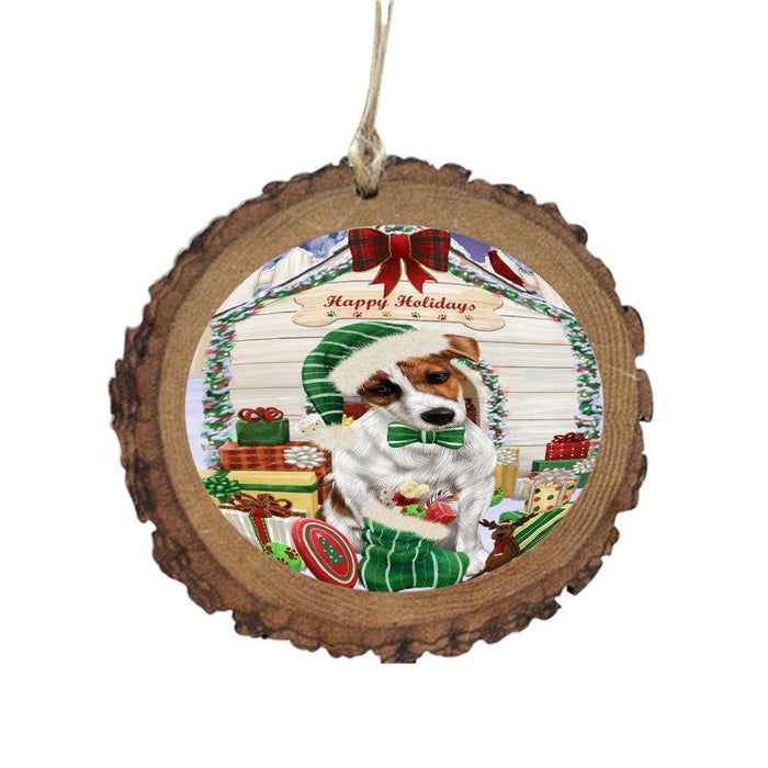 Happy Holidays Christmas Jack Russell House With Presents Wooden Christmas Ornament WOR49883