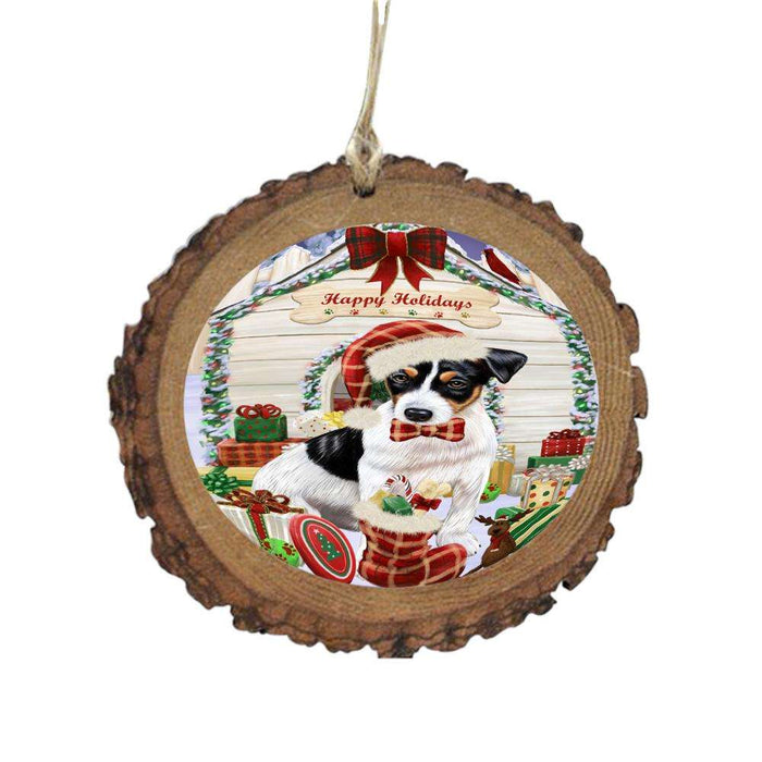 Happy Holidays Christmas Jack Russell House With Presents Wooden Christmas Ornament WOR49884