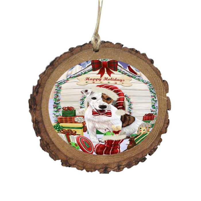 Happy Holidays Christmas Jack Russell House With Presents Wooden Christmas Ornament WOR49885