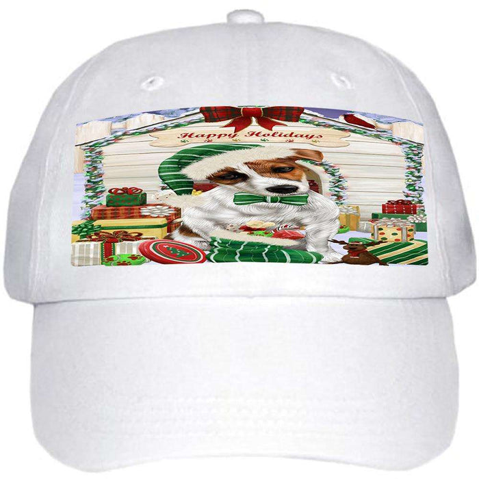 Happy Holidays Christmas Jack Russell Terrier Dog House with Presents Ball Hat Cap HAT58032