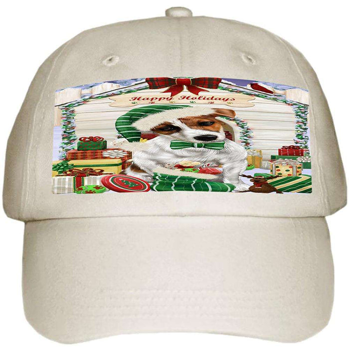 Happy Holidays Christmas Jack Russell Terrier Dog House with Presents Ball Hat Cap HAT58032