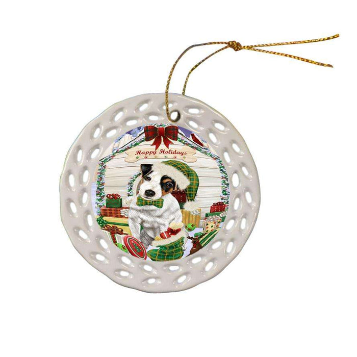 Happy Holidays Christmas Jack Russell Terrier Dog House with Presents Ceramic Doily Ornament DPOR51432