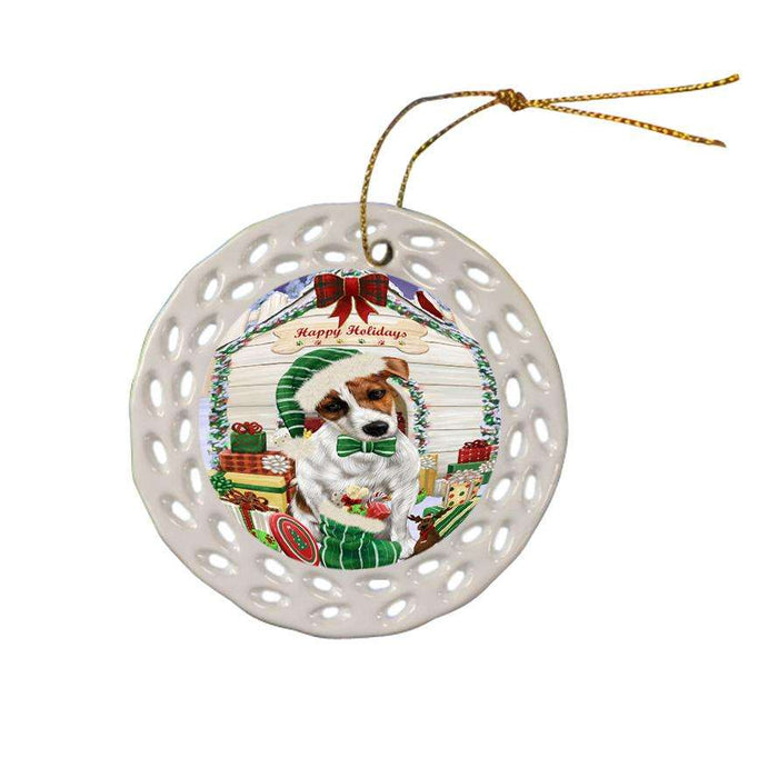 Happy Holidays Christmas Jack Russell Terrier Dog House with Presents Ceramic Doily Ornament DPOR51433