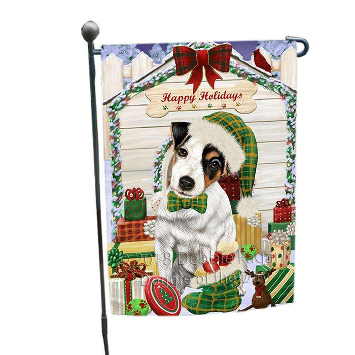 Happy Holidays Christmas Jack Russell Terrier Dog House with Presents Garden Flag GFLG51369