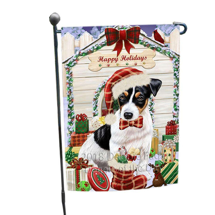 Happy Holidays Christmas Jack Russell Terrier Dog House with Presents Garden Flag GFLG51371
