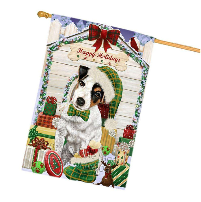 Happy Holidays Christmas Jack Russell Terrier Dog House with Presents House Flag FLG51505