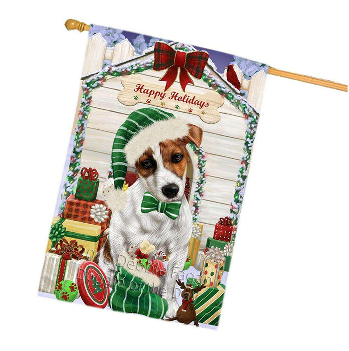 Happy Holidays Christmas Jack Russell Terrier Dog House with Presents House Flag FLG51506