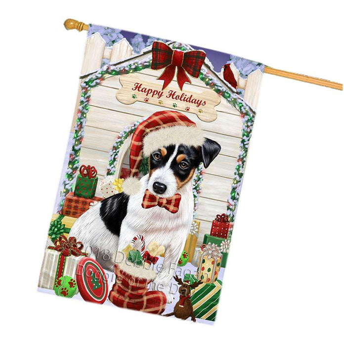 Happy Holidays Christmas Jack Russell Terrier Dog House with Presents House Flag FLG51507