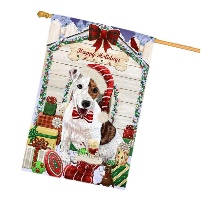 Happy Holidays Christmas Jack Russell Terrier Dog House with Presents House Flag FLG51508