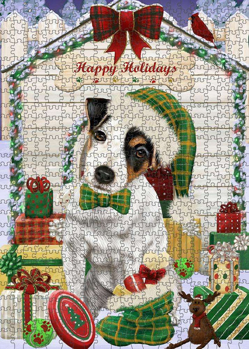 Happy Holidays Christmas Jack Russell Terrier Dog House with Presents Puzzle with Photo Tin PUZL58203