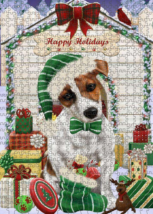 Happy Holidays Christmas Jack Russell Terrier Dog House with Presents Puzzle with Photo Tin PUZL58206