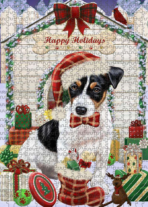 Happy Holidays Christmas Jack Russell Terrier Dog House with Presents Puzzle with Photo Tin PUZL58209
