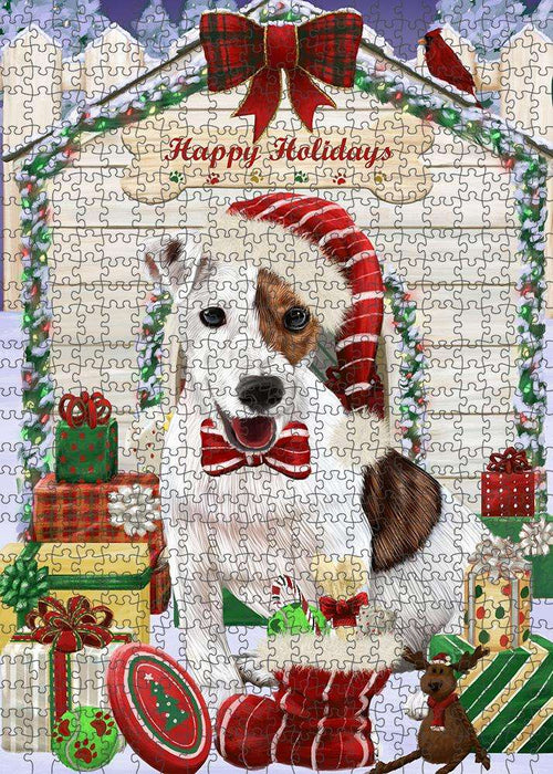 Happy Holidays Christmas Jack Russell Terrier Dog House with Presents Puzzle with Photo Tin PUZL58212