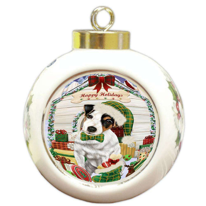 Happy Holidays Christmas Jack Russell Terrier Dog House with Presents Round Ball Christmas Ornament RBPOR51432