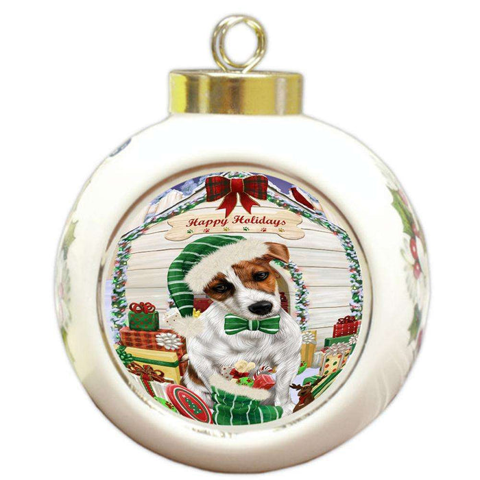 Happy Holidays Christmas Jack Russell Terrier Dog House with Presents Round Ball Christmas Ornament RBPOR51433