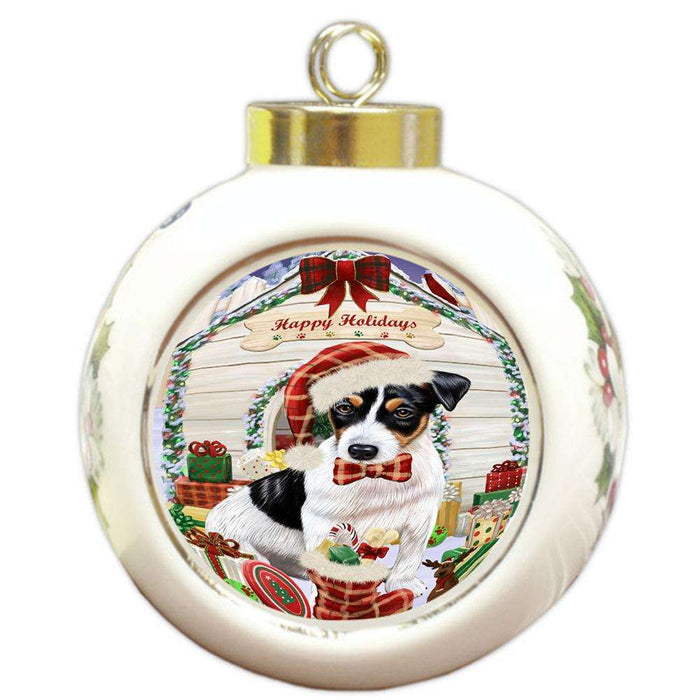 Happy Holidays Christmas Jack Russell Terrier Dog House with Presents Round Ball Christmas Ornament RBPOR51434