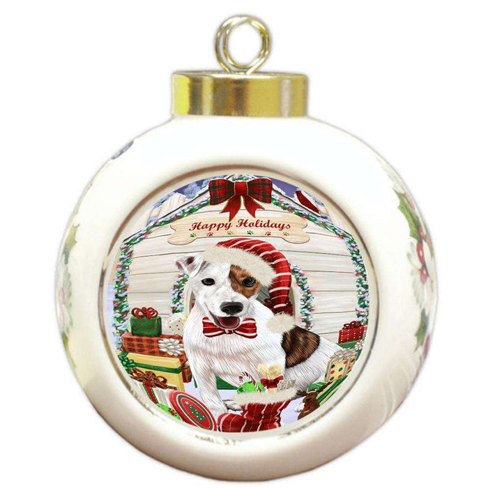Happy Holidays Christmas Jack Russell Terrier Dog House with Presents Round Ball Christmas Ornament RBPOR51435