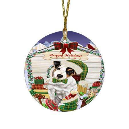 Happy Holidays Christmas Jack Russell Terrier Dog House with Presents Round Flat Christmas Ornament RFPOR51423