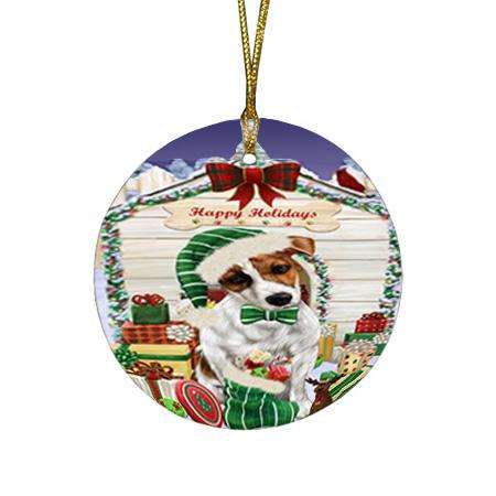 Happy Holidays Christmas Jack Russell Terrier Dog House with Presents Round Flat Christmas Ornament RFPOR51424