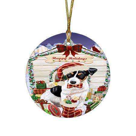 Happy Holidays Christmas Jack Russell Terrier Dog House with Presents Round Flat Christmas Ornament RFPOR51425