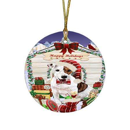 Happy Holidays Christmas Jack Russell Terrier Dog House with Presents Round Flat Christmas Ornament RFPOR51426