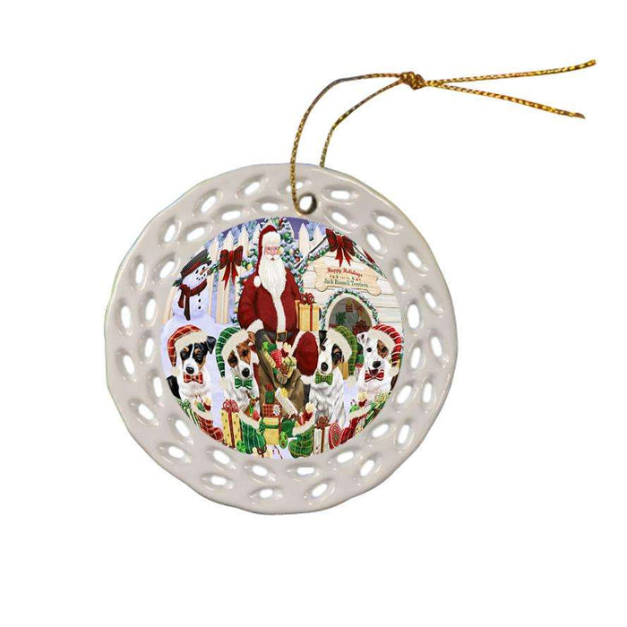 Happy Holidays Christmas Jack Russell Terriers Dog House Gathering Ceramic Doily Ornament DPOR51456