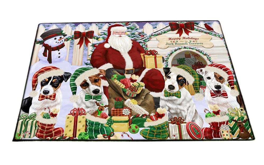 Happy Holidays Christmas Jack Russell Terriers Dog House Gathering Floormat FLMS51123