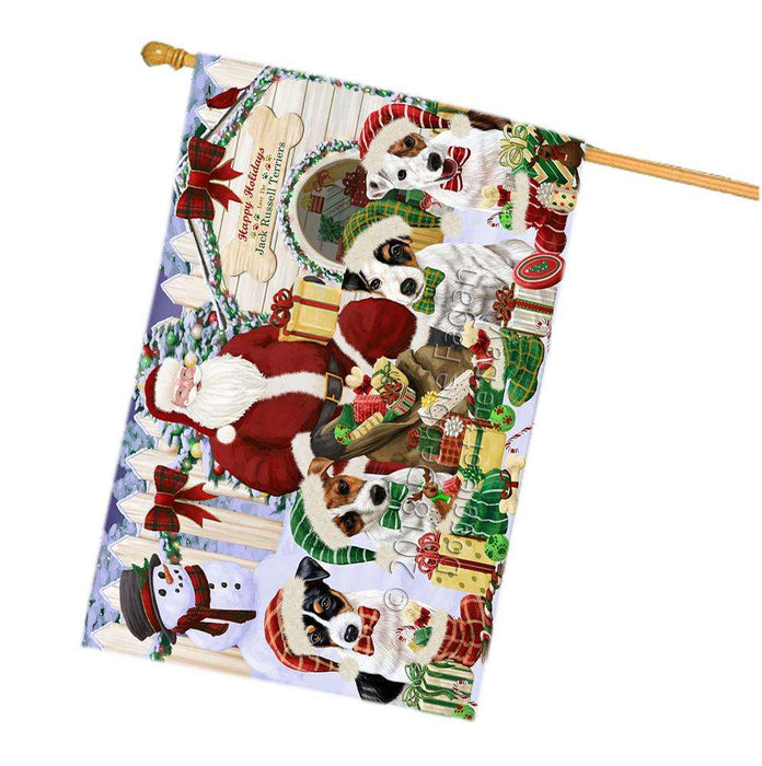 Happy Holidays Christmas Jack Russell Terriers Dog House Gathering House Flag FLG51454