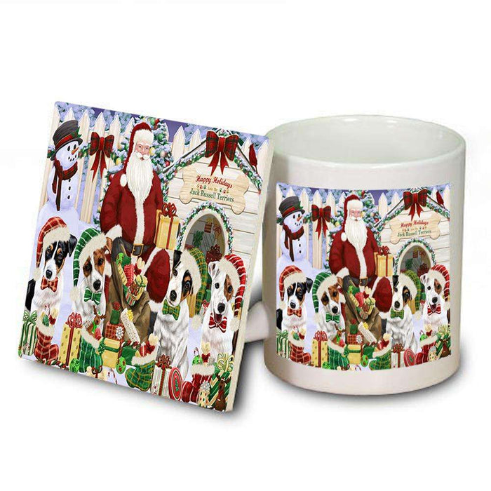 Happy Holidays Christmas Jack Russell Terriers Dog House Gathering Mug and Coaster Set MUC51448