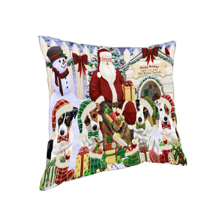 Happy Holidays Christmas Jack Russell Terriers Dog House Gathering Pillow PIL61648