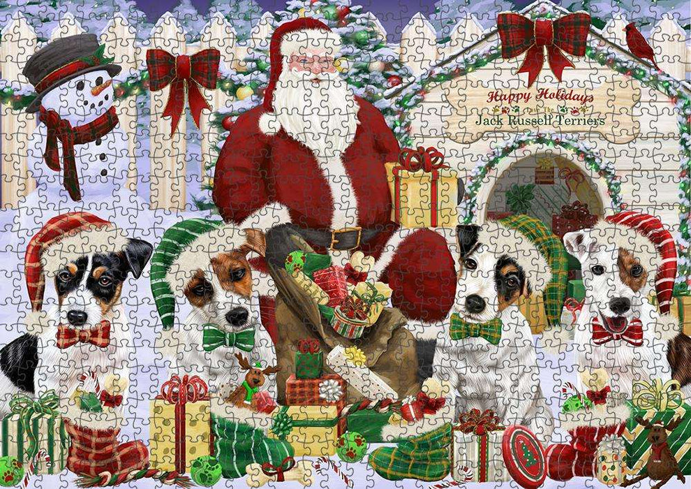 Happy Holidays Christmas Jack Russell Terriers Dog House Gathering Puzzle with Photo Tin PUZL58050