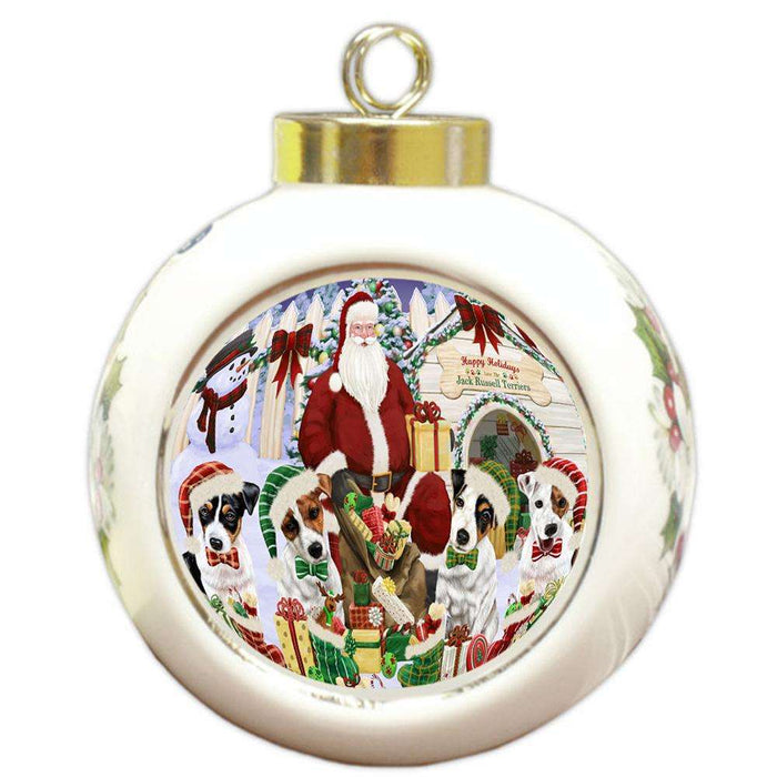 Happy Holidays Christmas Jack Russell Terriers Dog House Gathering Round Ball Christmas Ornament RBPOR51456