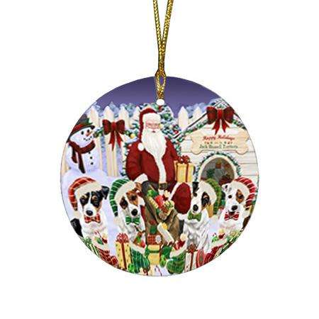 Happy Holidays Christmas Jack Russell Terriers Dog House Gathering Round Flat Christmas Ornament RFPOR51447