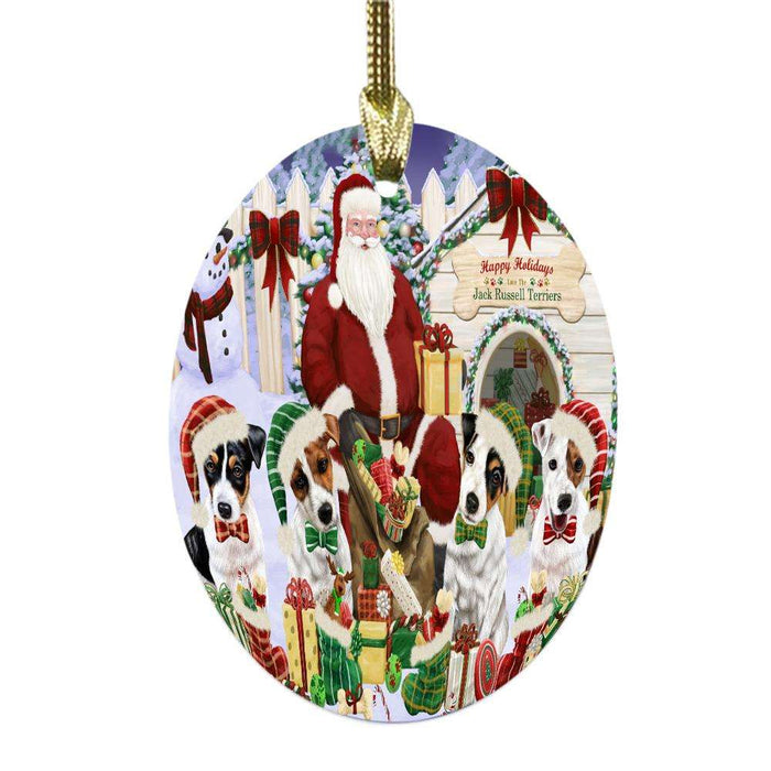 Happy Holidays Christmas Jack Russells Dog House Gathering Oval Glass Christmas Ornament OGOR49707