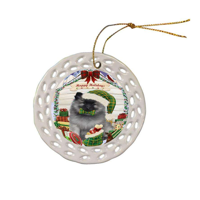 Happy Holidays Christmas Keeshond Dog With Presents Ceramic Doily Ornament DPOR52670