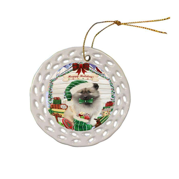 Happy Holidays Christmas Keeshond Dog With Presents Ceramic Doily Ornament DPOR52671