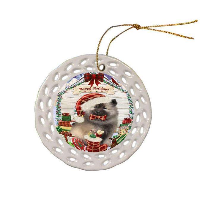 Happy Holidays Christmas Keeshond Dog With Presents Ceramic Doily Ornament DPOR52672
