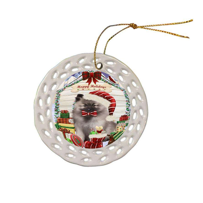 Happy Holidays Christmas Keeshond Dog With Presents Ceramic Doily Ornament DPOR52673