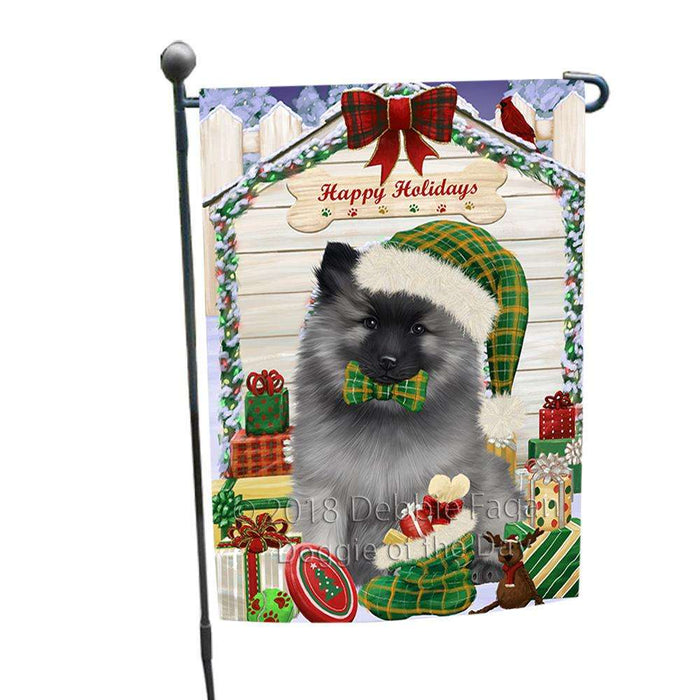 Happy Holidays Christmas Keeshond Dog With Presents Garden Flag GFLG52615