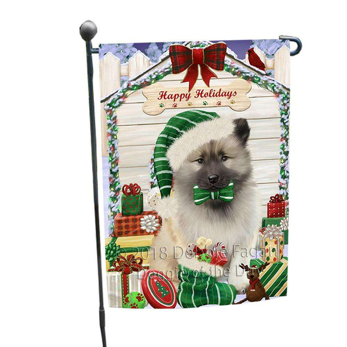 Happy Holidays Christmas Keeshond Dog With Presents Garden Flag GFLG52616