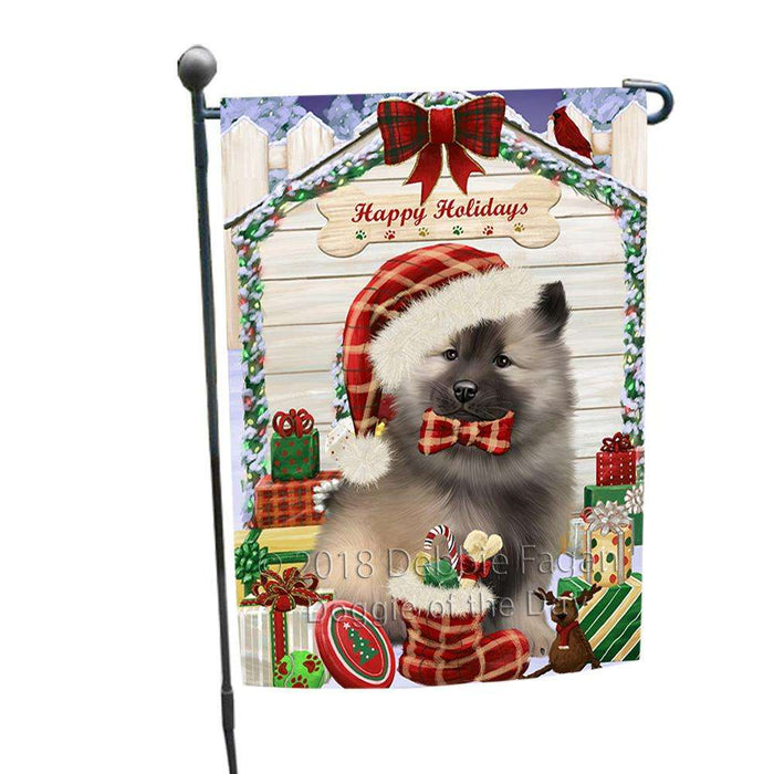 Happy Holidays Christmas Keeshond Dog With Presents Garden Flag GFLG52617