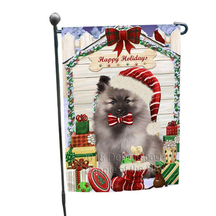 Happy Holidays Christmas Keeshond Dog With Presents Garden Flag GFLG52618