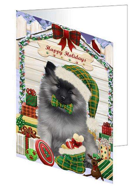 Happy Holidays Christmas Keeshond Dog With Presents Handmade Artwork Assorted Pets Greeting Cards and Note Cards with Envelopes for All Occasions and Holiday Seasons GCD62039