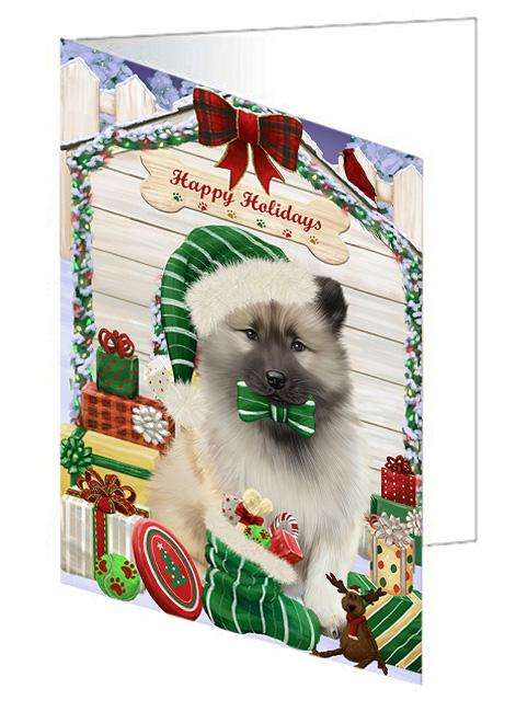 Happy Holidays Christmas Keeshond Dog With Presents Handmade Artwork Assorted Pets Greeting Cards and Note Cards with Envelopes for All Occasions and Holiday Seasons GCD62042