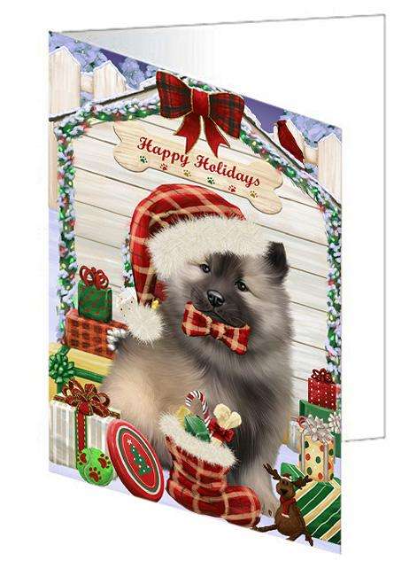 Happy Holidays Christmas Keeshond Dog With Presents Handmade Artwork Assorted Pets Greeting Cards and Note Cards with Envelopes for All Occasions and Holiday Seasons GCD62045