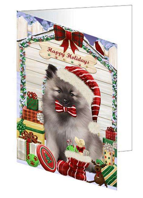 Happy Holidays Christmas Keeshond Dog With Presents Handmade Artwork Assorted Pets Greeting Cards and Note Cards with Envelopes for All Occasions and Holiday Seasons GCD62048