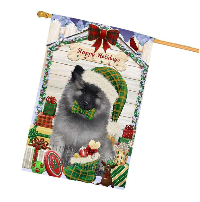 Happy Holidays Christmas Keeshond Dog With Presents House Flag FLG52751